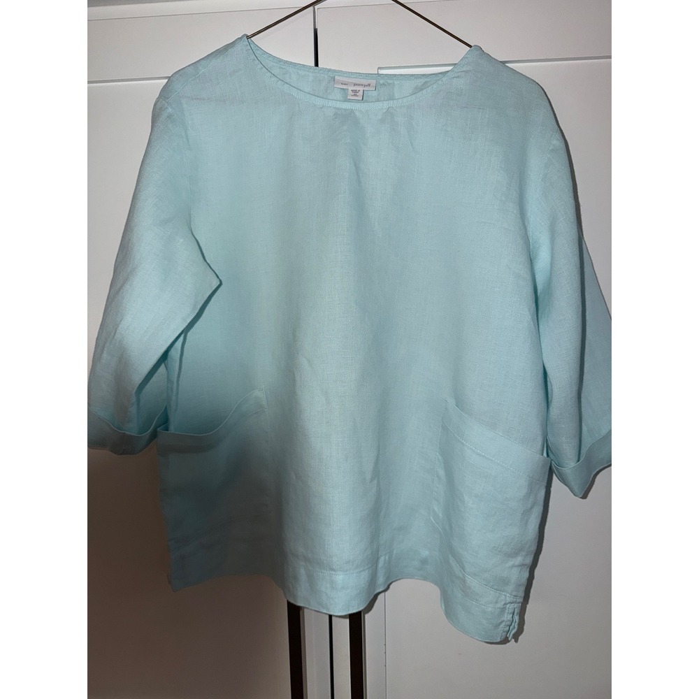 Pure Jill J. Jill Aqua Blue 100% Linen Pocket Top XS Petite 3/4 Sleeve Blouse